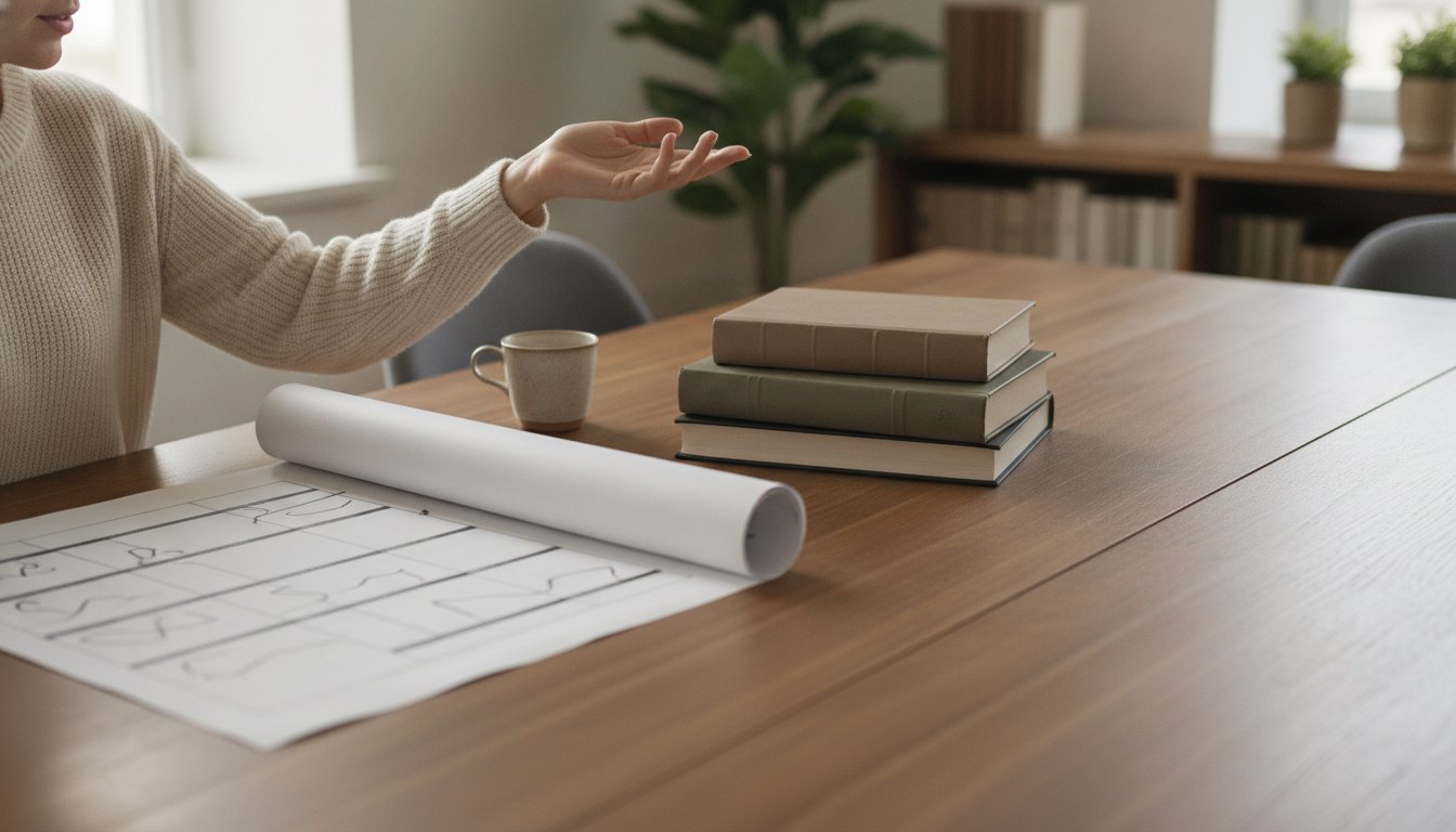 Mulher sentada em uma mesa de escritório apontando para um cronograma impresso ao lado de livros.
