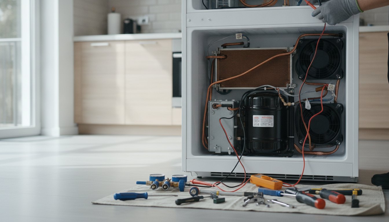 Técnico inspecionando o motor de uma geladeira com ferramentas de medição em uma residência.