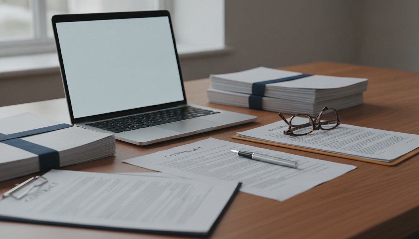 Homem digitando em um notebook enquanto consulta documentos e contratos sobre uma mesa de madeira.