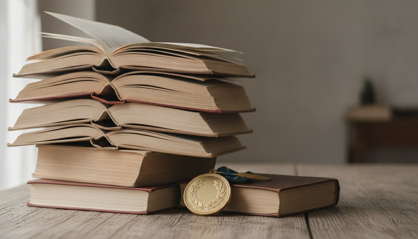 Pilha de livros abertos sobre uma mesa de madeira com uma medalha dourada ao lado.