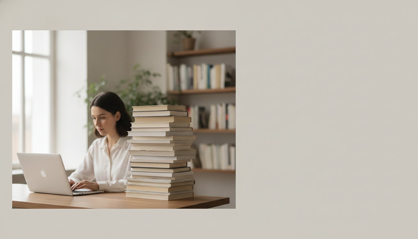 Mulher sentada em uma escrivaninha digitando em um notebook com livros empilhados ao lado.