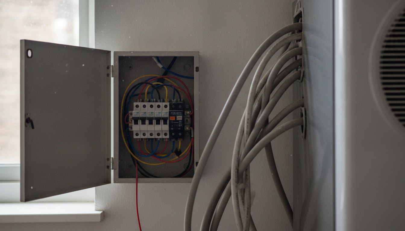 Quadro elétrico residencial aberto com disjuntores ao lado de cabos de energia de um eletrodoméstico.