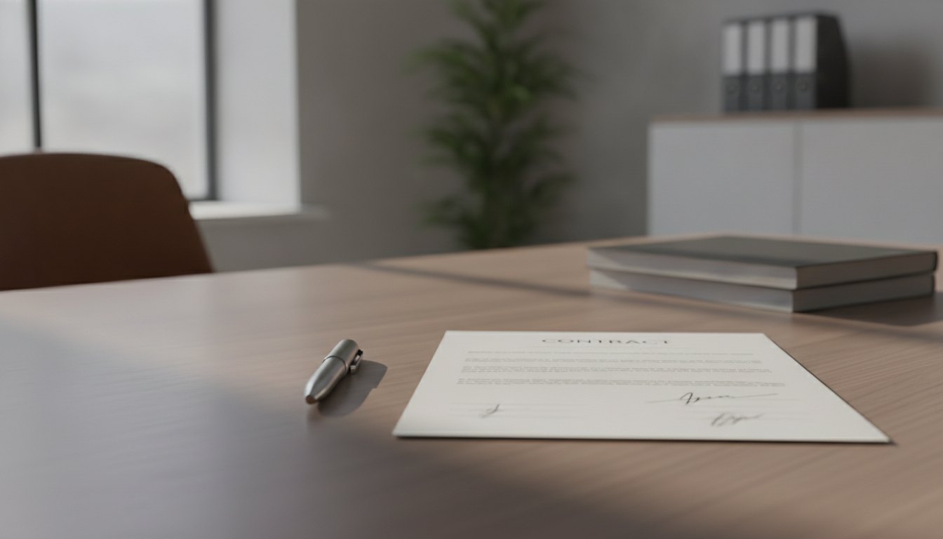 Contrato de prestação de serviços sobre uma mesa de escritório ao lado de uma caneta.