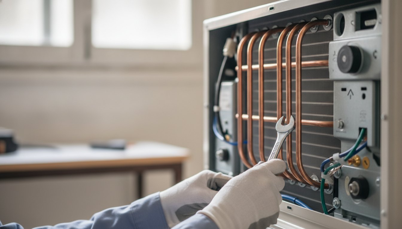 Técnico com luvas e ferramentas inspecionando a parte interna de um aparelho de ar-condicionado.