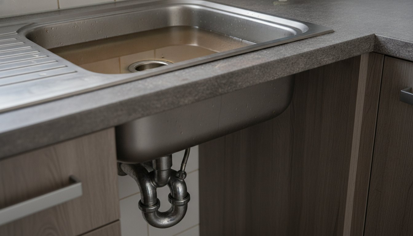 Água suja acumulada em uma pia de cozinha com sifão de metal aparente sob a bancada.