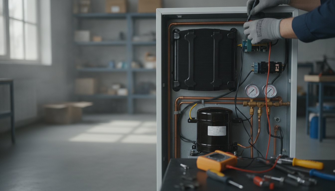 Profissional com luvas verificando a parte traseira de um refrigerador doméstico com ferramentas de teste.