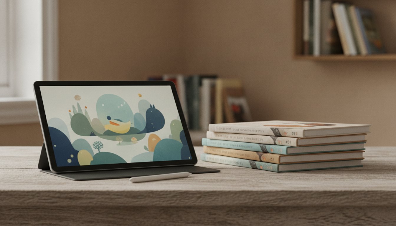 Ilustradora desenhando em tablet gráfico ao lado de livros infantis sobre uma mesa de madeira.