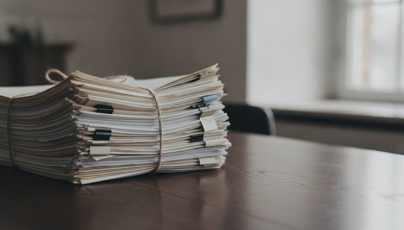Pilha de contratos de publicação em papel sobre uma mesa de madeira escura.