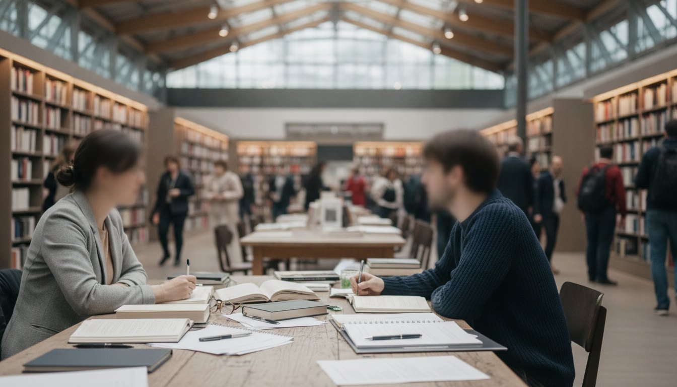 Duas pessoas conversam sentadas a uma mesa com livros e cadernos em um pavilhão movimentado.