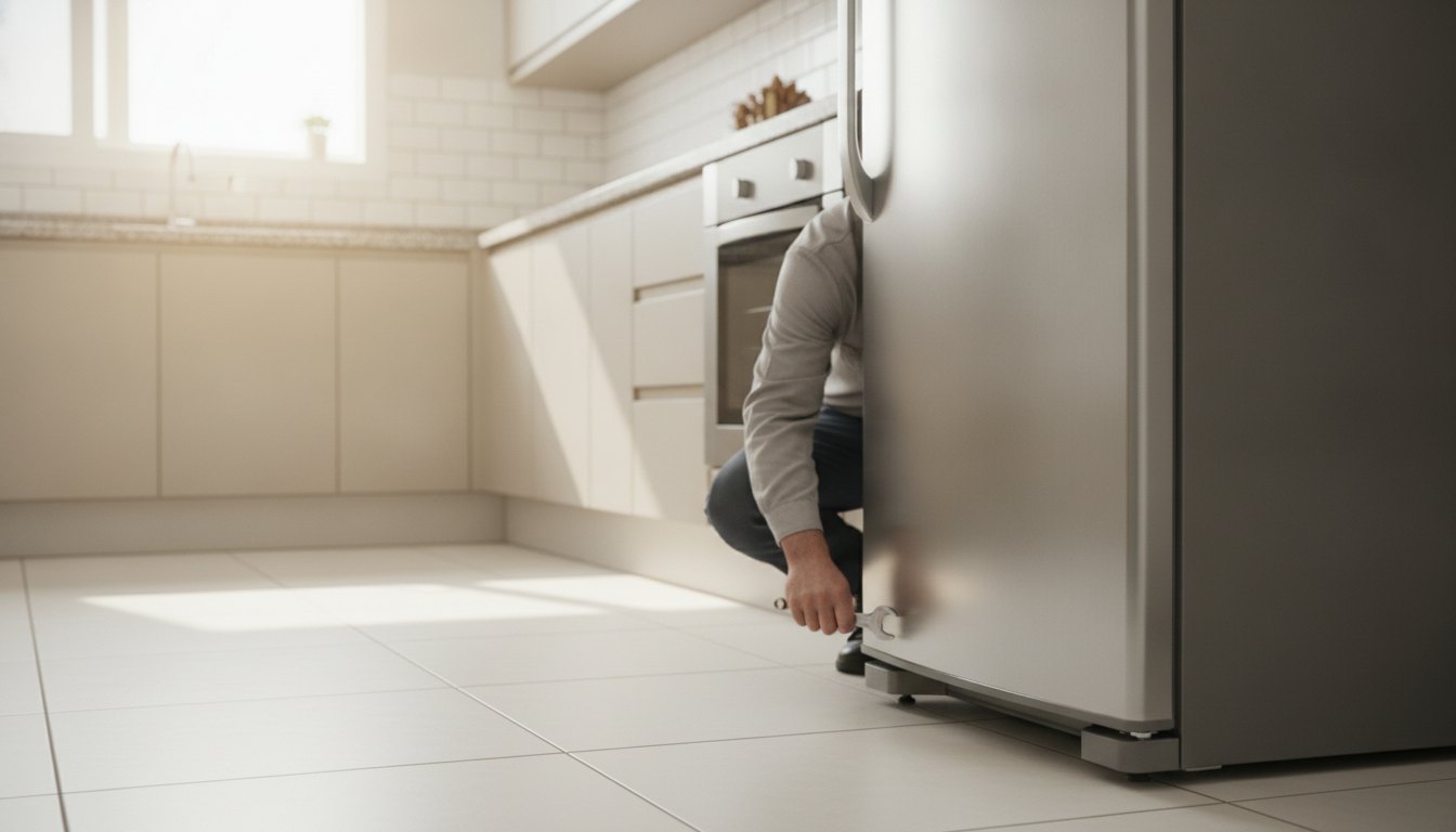 Pessoa abaixada ajustando os pés frontais de uma geladeira metálica em uma cozinha residencial