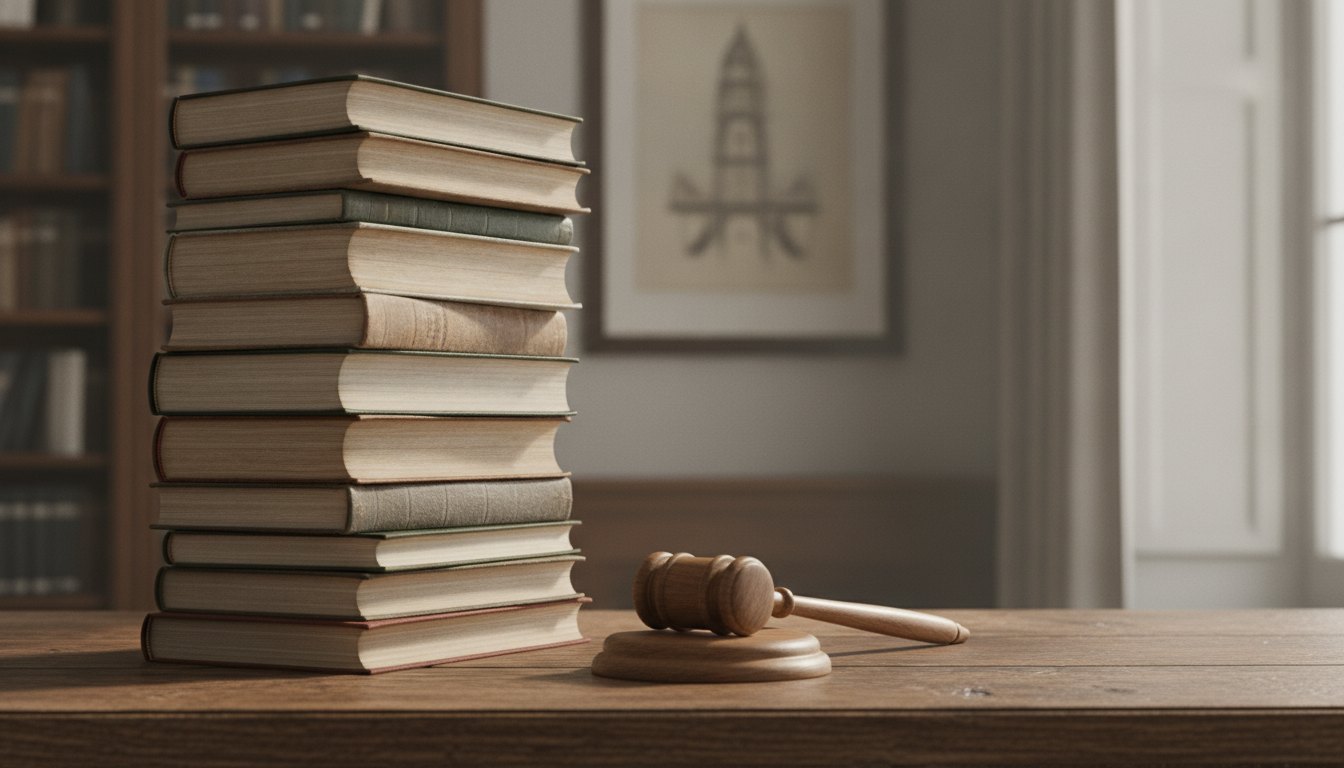 Pilhas de livros sobre uma mesa de madeira ao lado de um martelo de juiz.
