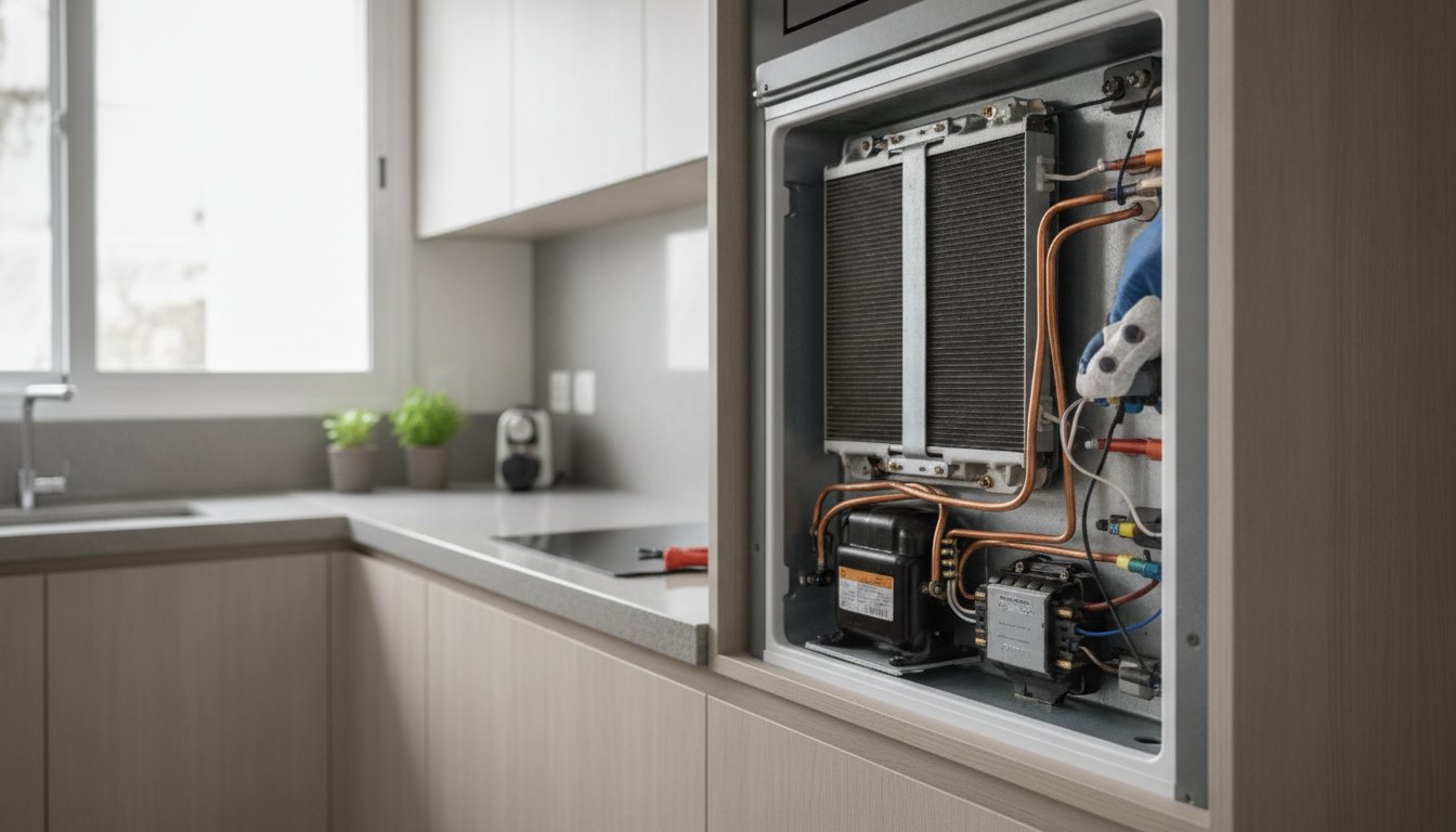 Técnico inspeciona a parte traseira de uma geladeira embutida em armário planejado na cozinha.