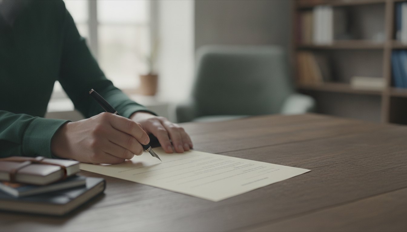 Pessoa segurando uma caneta e assinando um documento impresso sobre uma mesa de madeira no escritório.