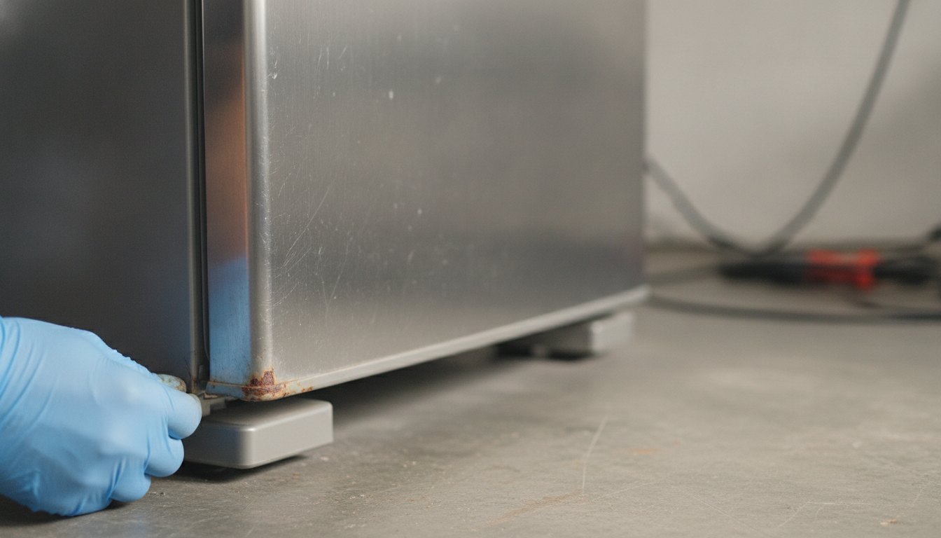 Técnico com luvas inspeciona pontos de ferrugem na parte inferior de uma geladeira de aço escovado.