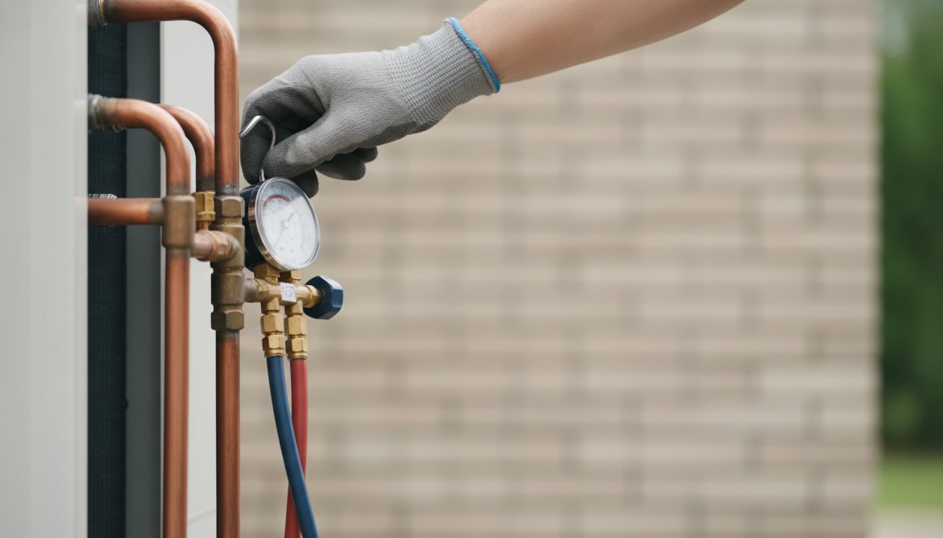 Técnico com luvas inspecionando a tubulação traseira de um aparelho de ar-condicionado com um manômetro.