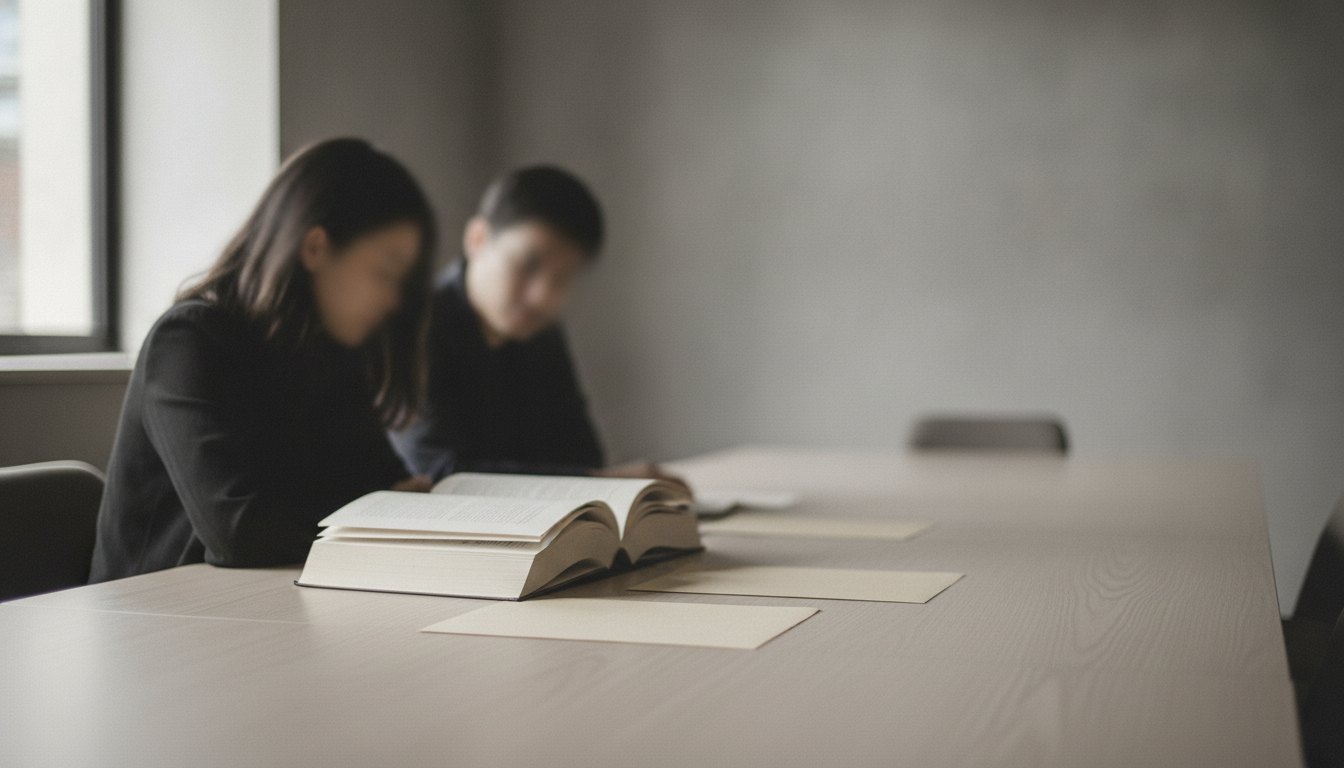 Duas pessoas sentadas em uma mesa de reunião conversando e analisando um livro impresso.