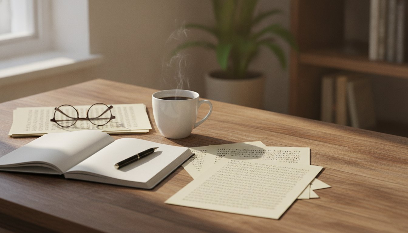 Mesa de madeira com cadernos, caneta, xícara de café e documentos com anotações impressas.