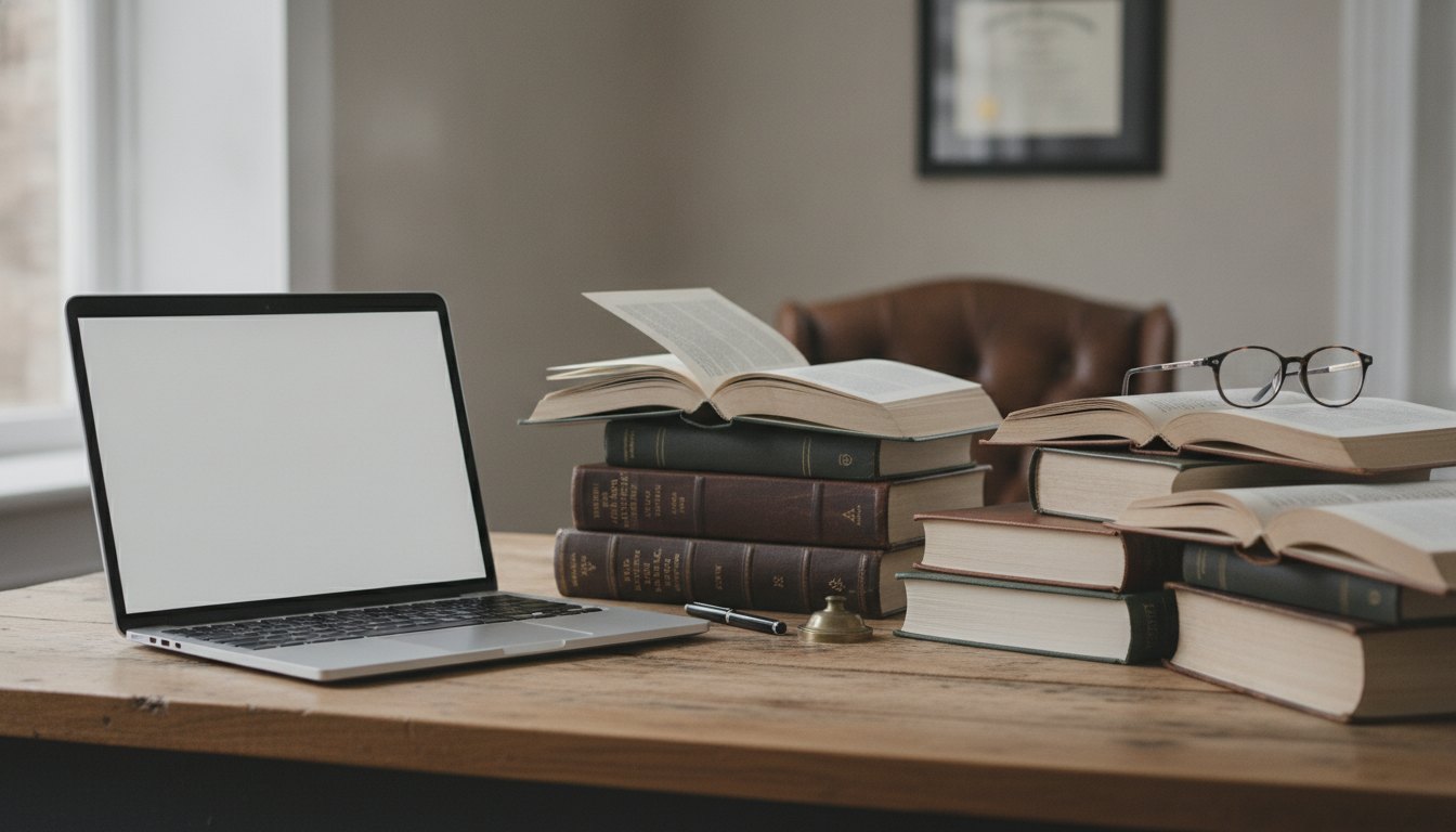 Pessoa digitando em um notebook sobre uma mesa de madeira com livros empilhados ao lado.
